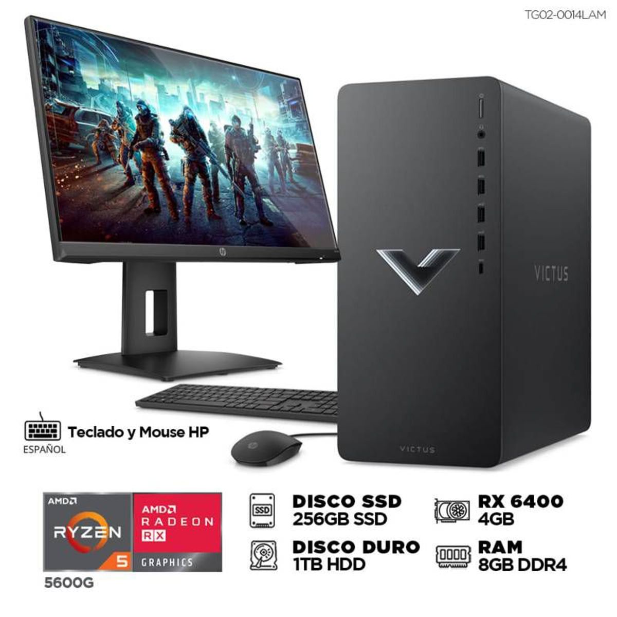 HP - PC Gaming HP TG02 AMD Ryzen 5 5600G 3.9GHz 8GB RAM 256GB SSD 1TB HDD RX 6400 4GB