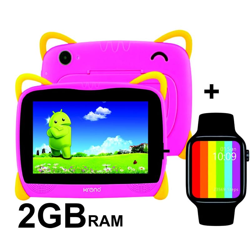 KRONO - Tablet Niños 2GB RAM 7 Pulgadas Android Wifi + Reloj Inteligente Rosado
