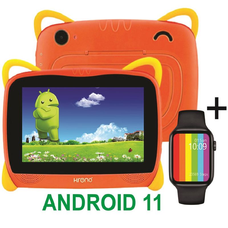 KRONO - Tablet Niños 3GB RAM 7 Pulgadas Android Wifi + Reloj Inteligente Naranja