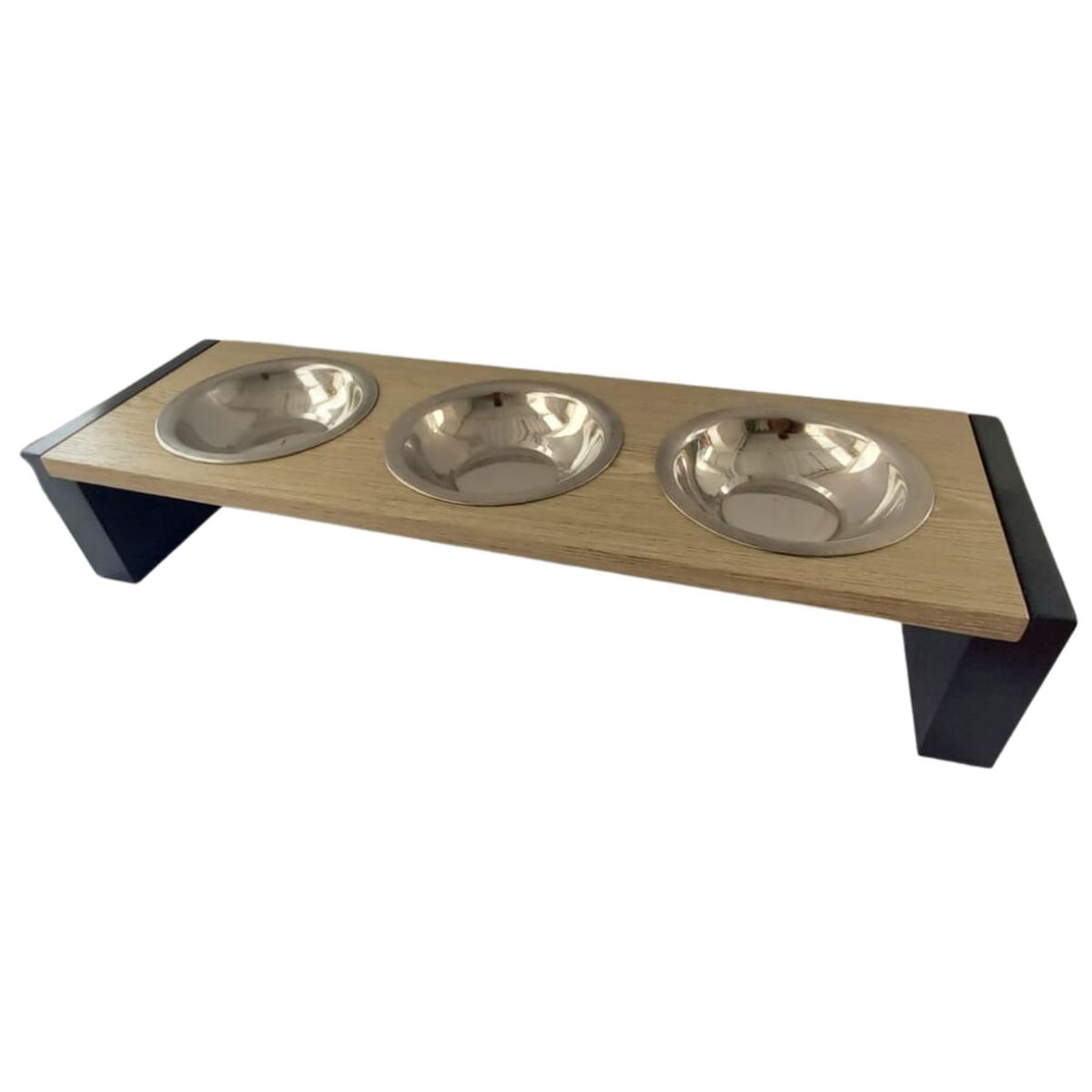 GENERICO - Comedero para Mascota Athos Madera Y Inoxidable 3 Platos 500gr 65x20x12cm