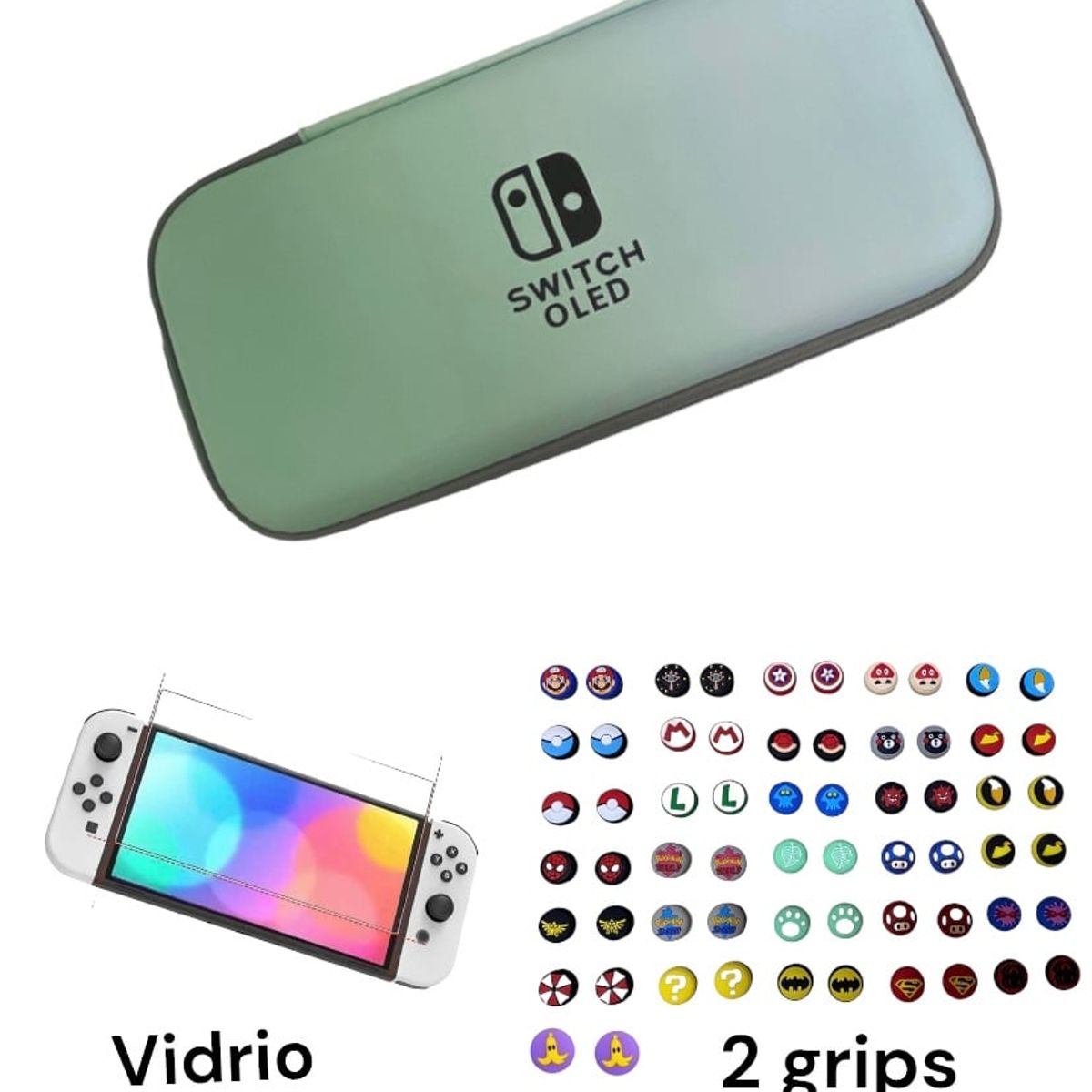 NINTENDO - Estuche Rígido Viaje Verde/ Azul + Vidrio + 2 Grips Para Switch Oled