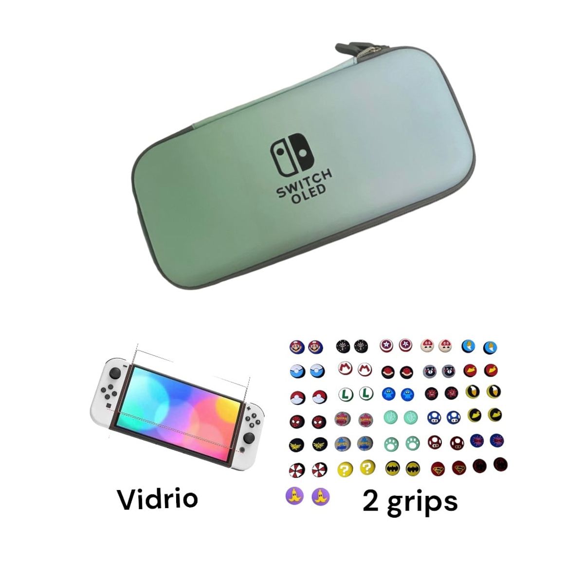 NINTENDO - Estuche Rígido Viaje Verde/ Azul + Vidrio + 2 Grips Para Switch Oled