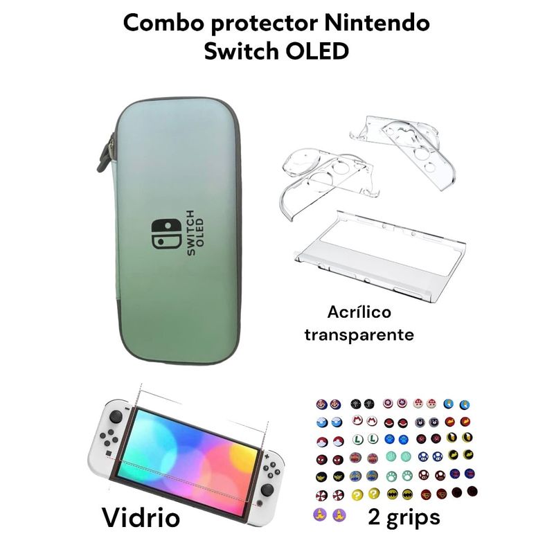 GENERICO - Estuche Verde/ Azul + Acrilico + Vidrio + 2 Grips Para Switch Oled