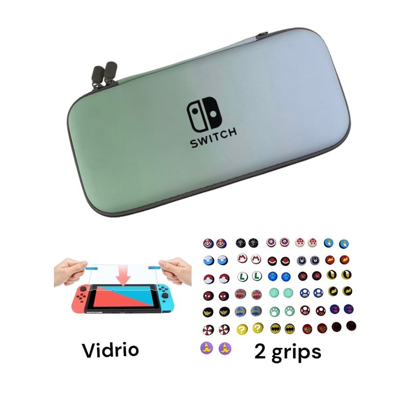 GENERICO - Estuche Rígido Viaje Verde - Azul + Vidrio + 2 Grips Para Switch