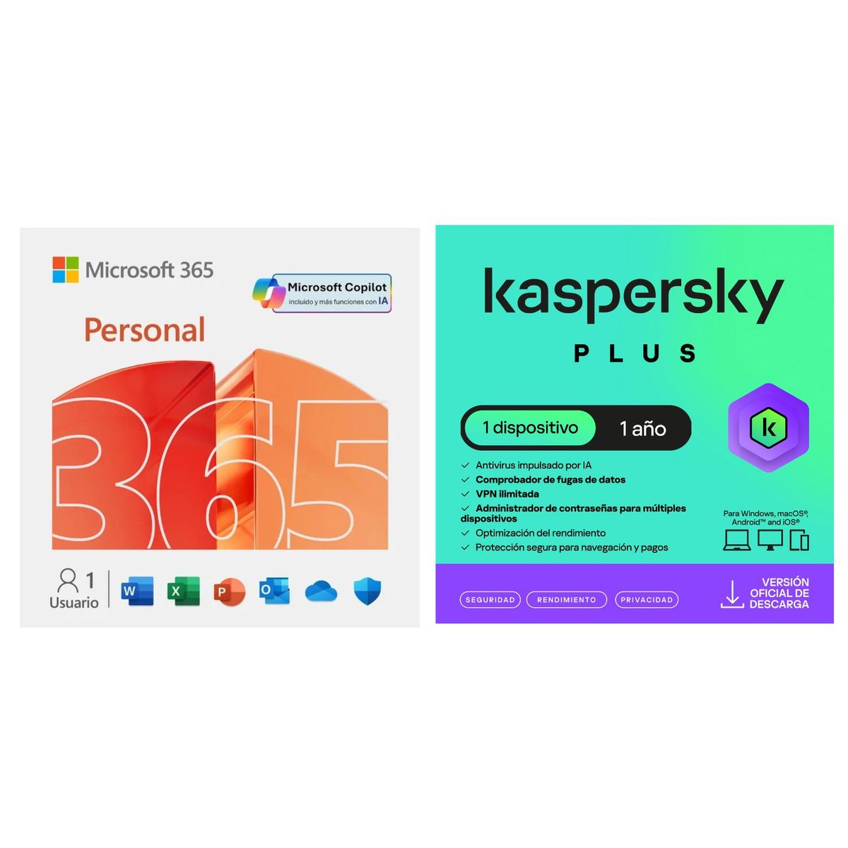 MICROSOFT - Microsoft Office 365 Personal 1 Usuario + Kaspersky Plus 1 Dispositivo 1 año