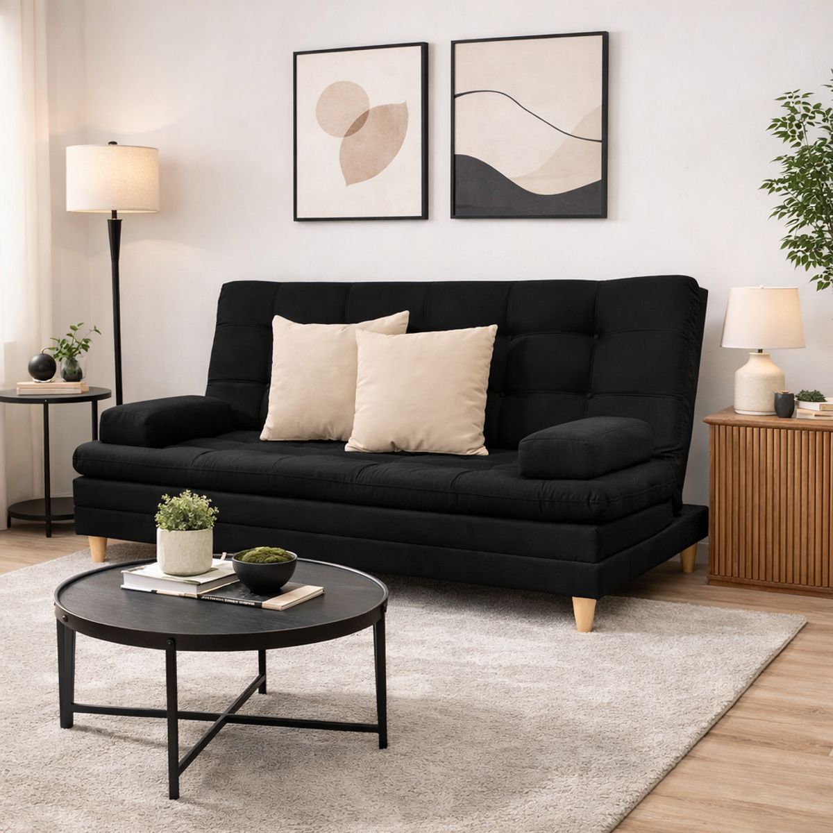 DECOLUM - SofáCama Tous 3 Posiciones con Brazos Tela Lino Negro + cojines Beige