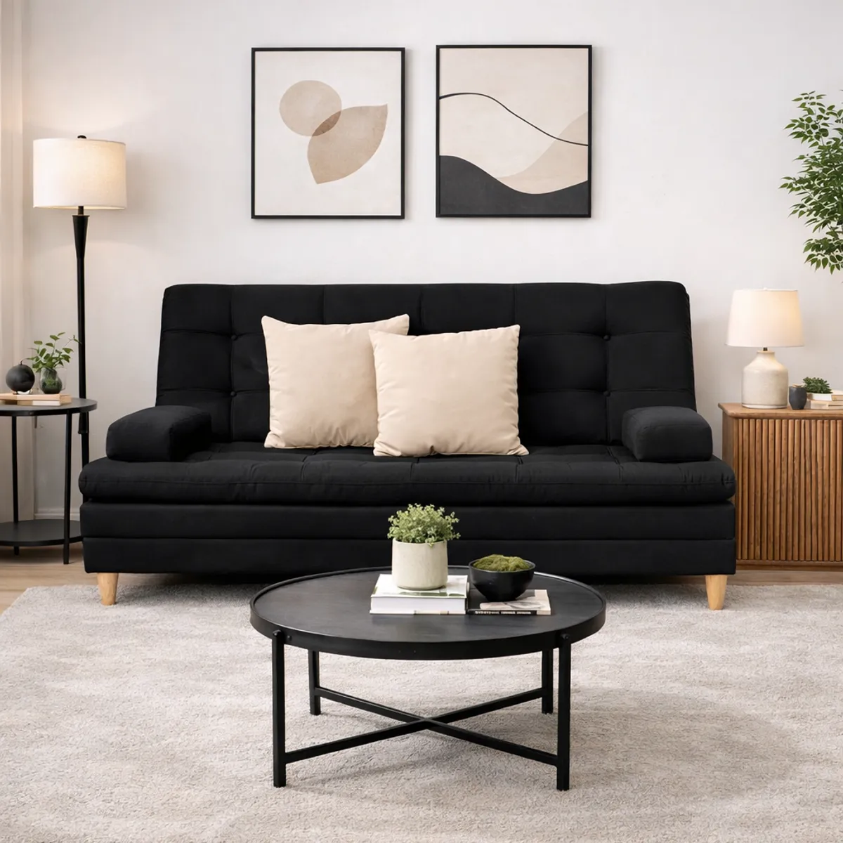 DECOLUM - SofáCama Tous 3 Posiciones con Brazos Tela Lino Negro + cojines Beige