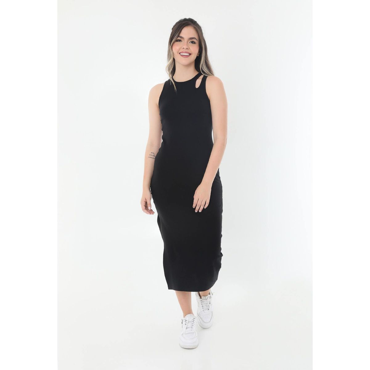BELIFE - Vestido Midi Negro Manga Sisa Con Abertura En Frente Para Mujer Belife.-