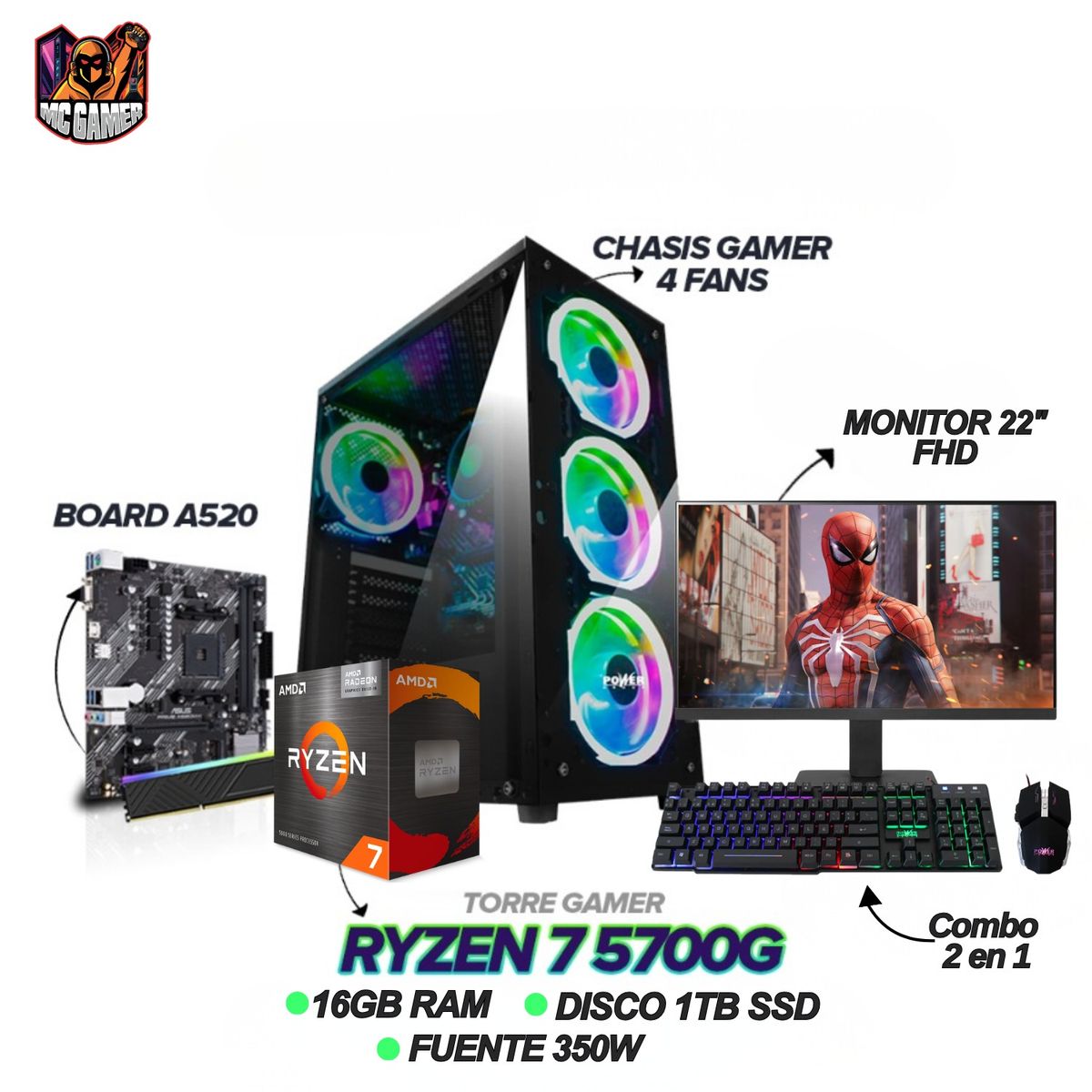 AMD - TORRE GAMER AMD RYZEN 7 5700G - 16GB RAM - 1TB SSD M.2 -  Monitor 22" FHD - A520M