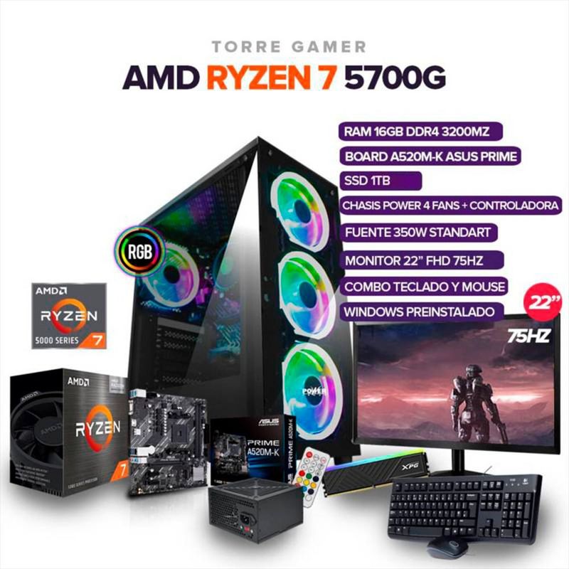 AMD - TORRE GAMER AMD RYZEN 7 5700G / Board A520M / RAM 16GB /SSD 1TB Monitor 22" FHD