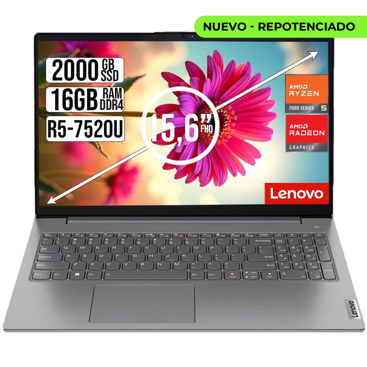 LENOVO - PORTATIL LENOVO V15 AMD RYZEN 5 7520U SSD 2TB RAM 16GB 15,6" FHD