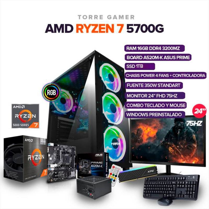 AMD - TORRE GAMER AMD RYZEN 7 5700G/Board A520M/RAM 16GB /SSD 1TB / Monitor 24" FHD