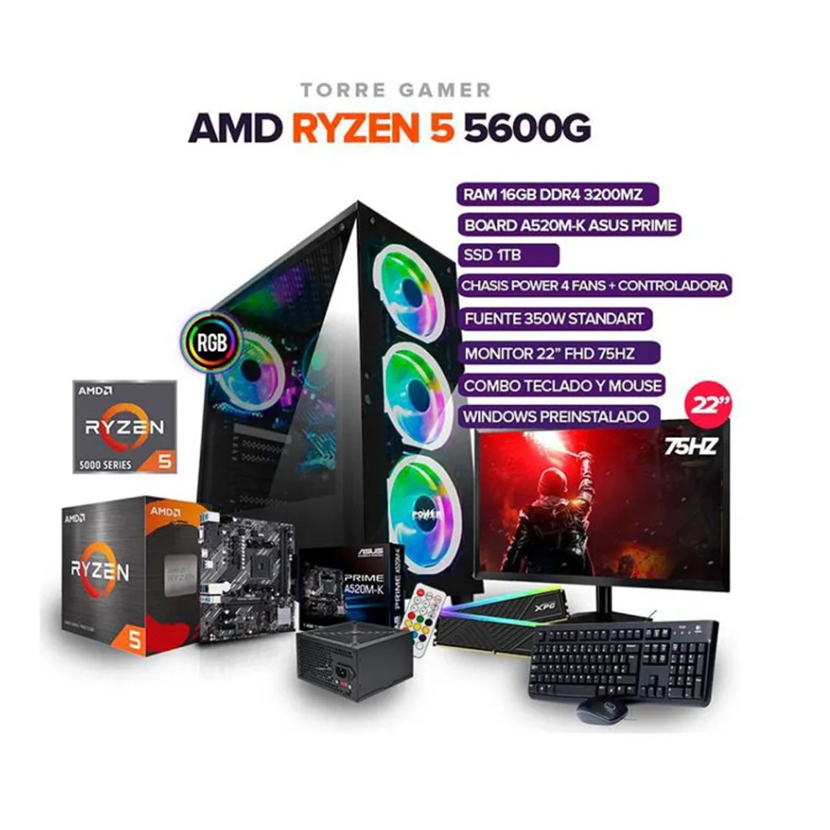 AMD - PC GAMER RYZEN 5 5600G - 16GB RAM - 1TB SSD - 4 FANS RGB - BOARD A520 - MONITOR 22"
