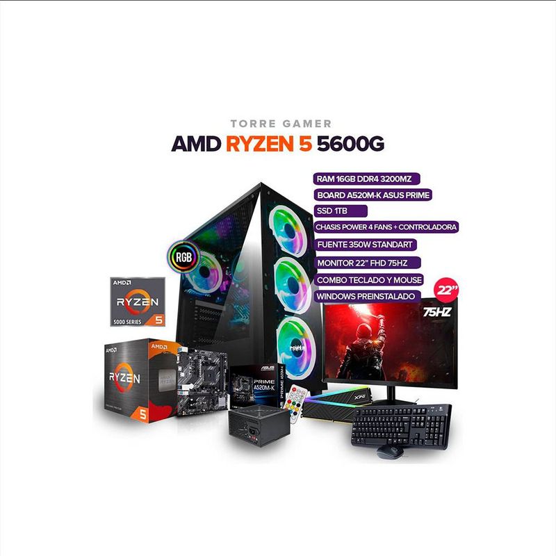 AMD - Pc Gamer Ryzen 5 5600G /16Gb Ram/ SSD 1TB /Board A520M-K ASUS PRIME  MONITOR 22"