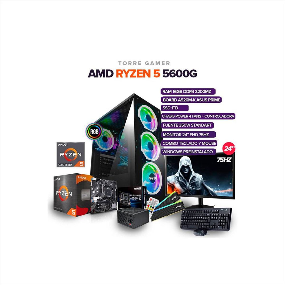 AMD - Pc Gamer Ryzen 5 5600G /16Gb Ram/ SSD 1TB /Board A520M-K ASUS PRIME  MONITOR 24"