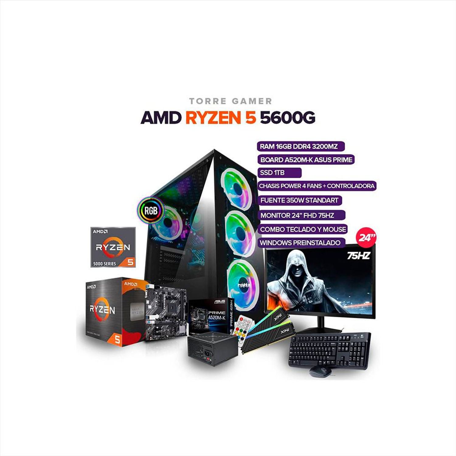Pc Gamer Ryzen 5 5600G /16Gb Ram/ SSD 1TB /Board A520M-K ASUS