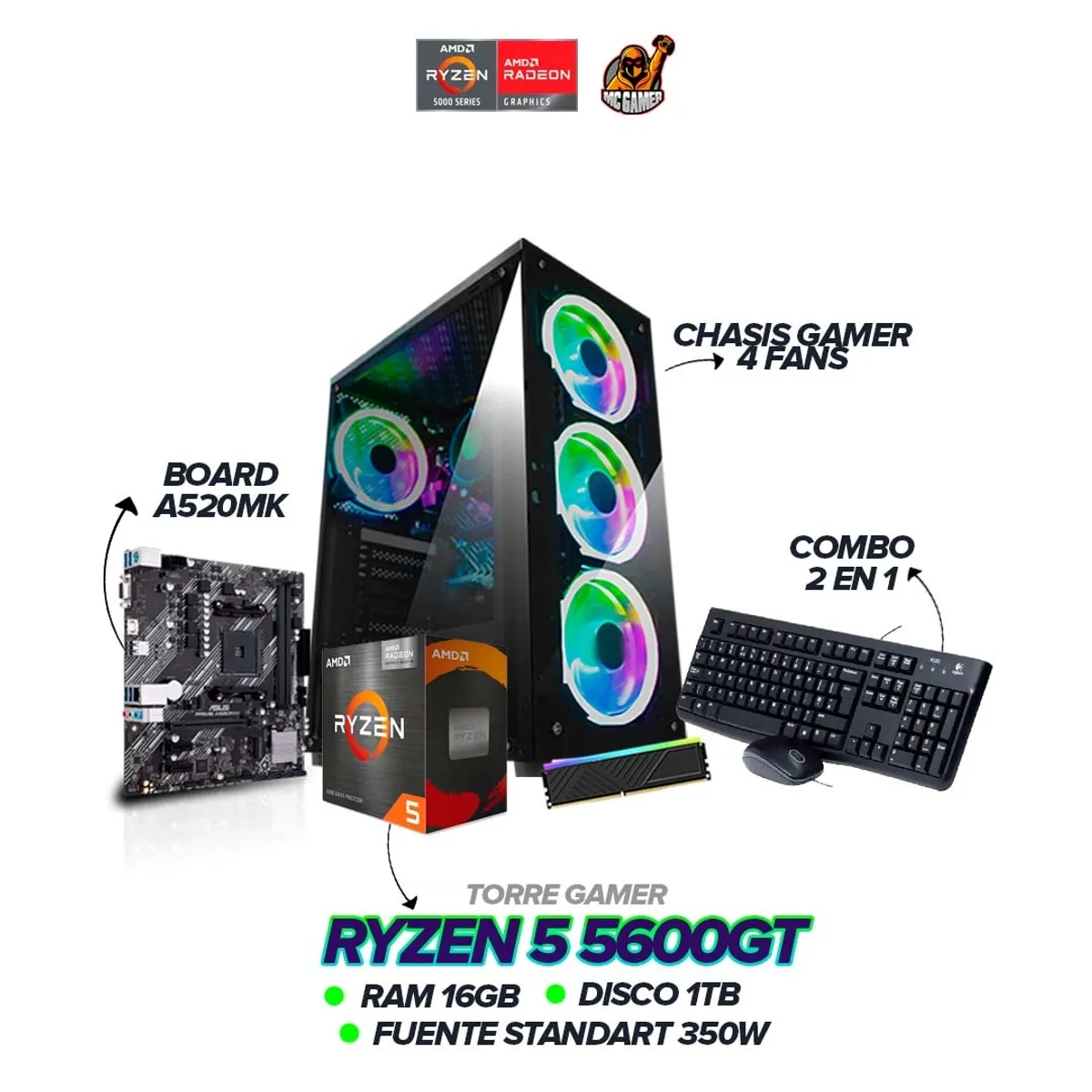 AMD - Torre Gamer Ryzen 5 5600G / RAM 16GB / SSD 1TB / Board A520 / Fuente 350W