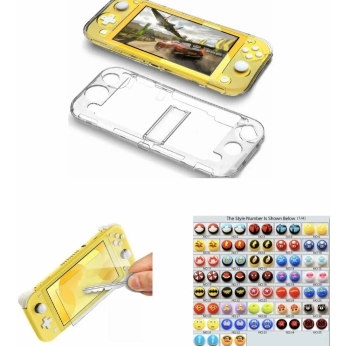 GENERICO - Protector Rígido Transparente + Vidrio + 2 Grips Para Switch Lite