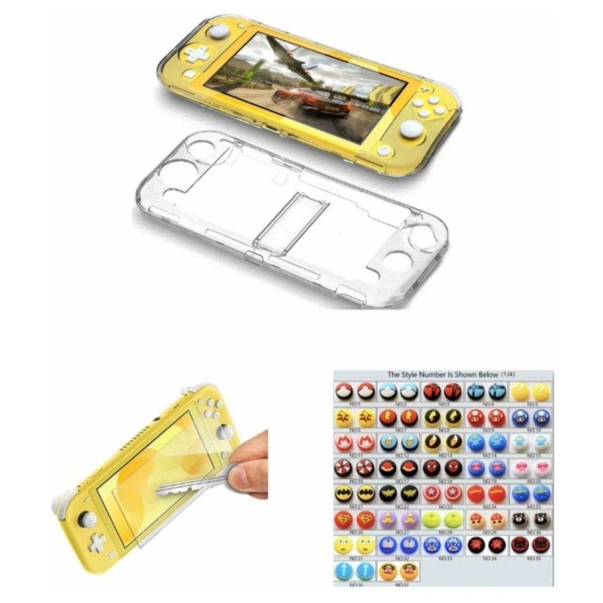 GENERICO - Protector Rígido Transparente + Vidrio + 2 Grips Para Switch Lite