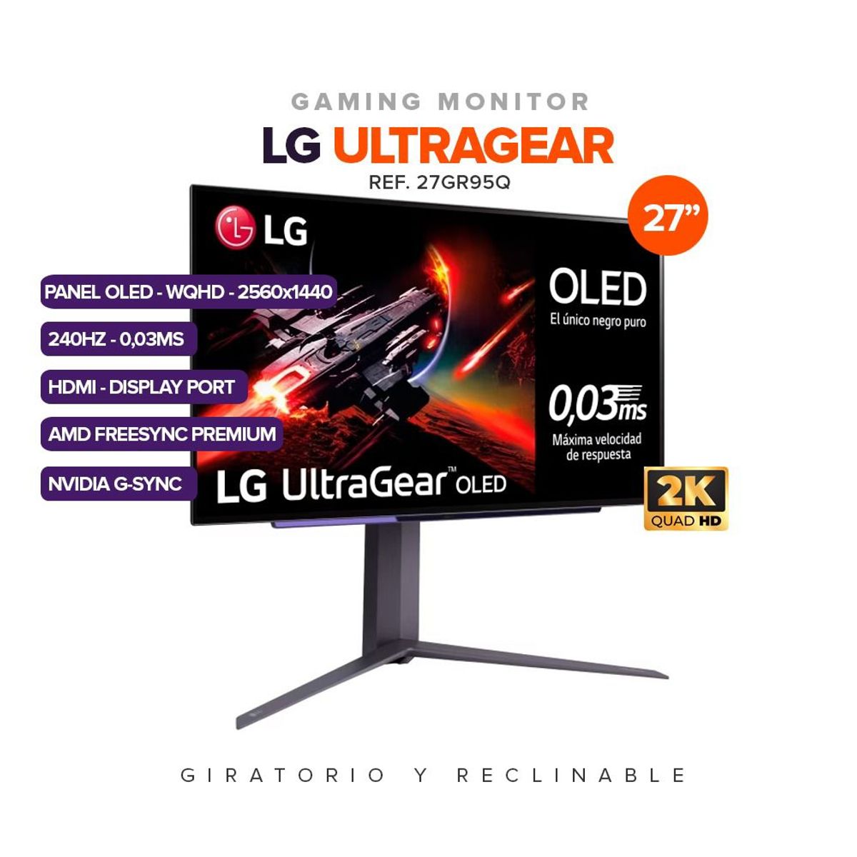 LG - Monitor Gamer LG UltraGear OLED 27”  2K QHD  240Hz  003ms  G-SYNC