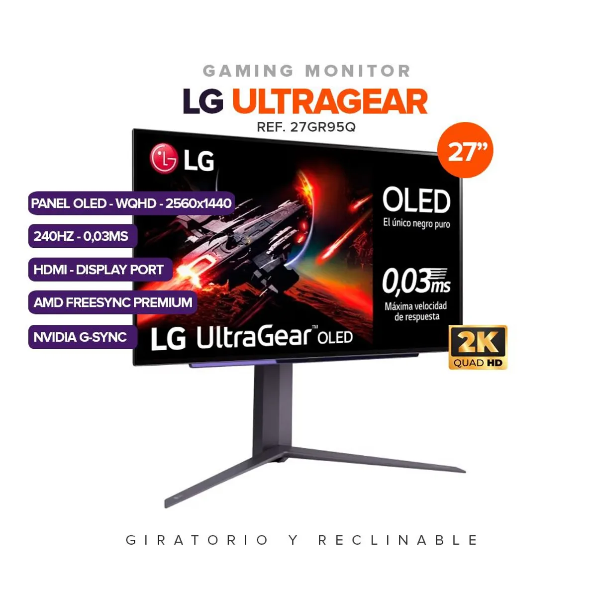 LG - Monitor Gamer LG UltraGear OLED 27”  2K QHD  240Hz  003ms  G-SYNC