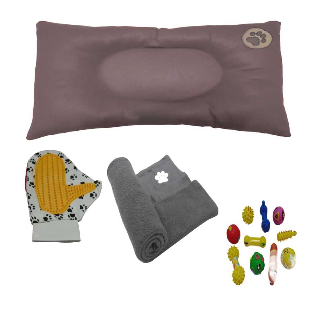 HALLY PET - Colchón Premium Grande Huella Bordada-Guante-1 Juguete Mediano-Cobija Gr Gris.