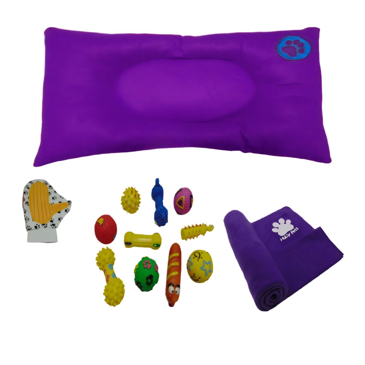 HALLY PET - Colchón Premium Grande Huella Bordada-Guante-1 Juguete Mediano-Cobija Gr Morado