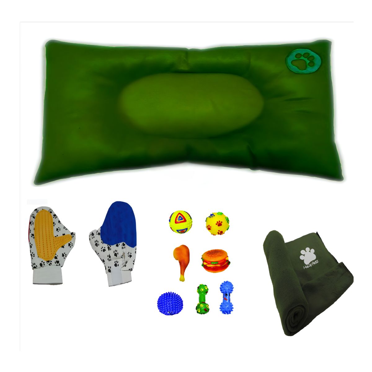 HALLY PET - Colchón Premium Grande Huella Bordada-Guante-1 Juguete Mediano-Cobija Gr Verde
