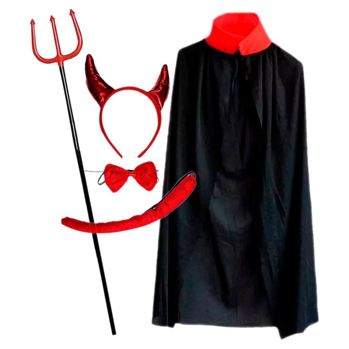 GENERICO - Kit Cachos Diabla  Cola  Corbatin  Tridente  Capa Demonio Infierno disfraz