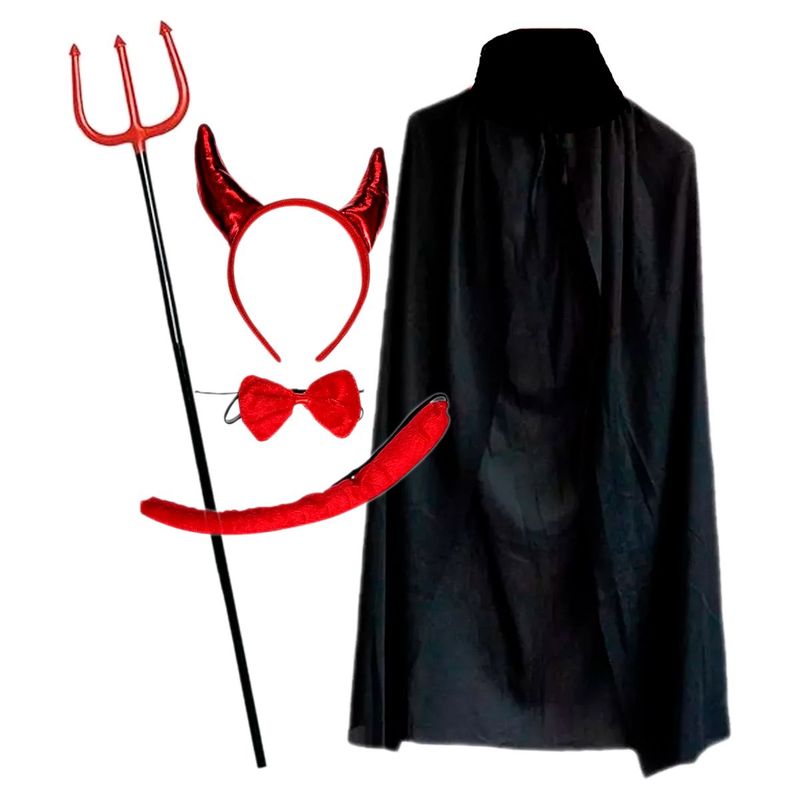 GENERICO - Kit Cachos Diabla  Cola  Corbatin  Tridente  Capa Demonio Infierno disfraz