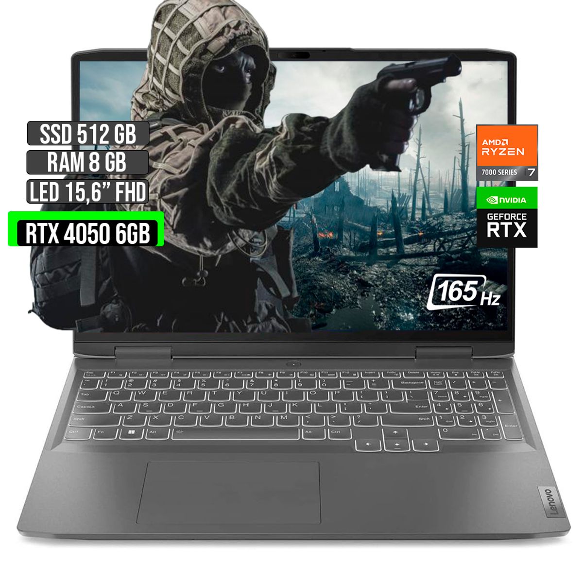 LENOVO - Portátil Lenovo AMD Ryzen 7 RTX 4050 512GB SSD 8GB RAM 15.6" FHD