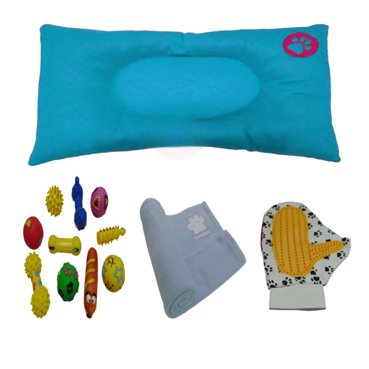 HALLY PET - Colchón Prem Grande Huella Bordada-Guante-1 Juguete Med-Cobija Gr Celeste.
