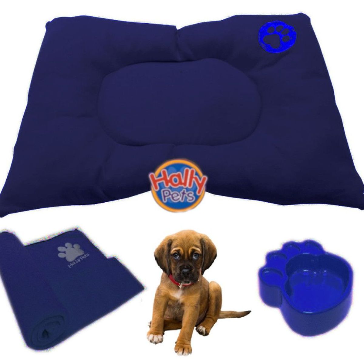HALLY PET - Colchon Pequeño Huella Bordada mas cobija Mediana Azul Oscuro