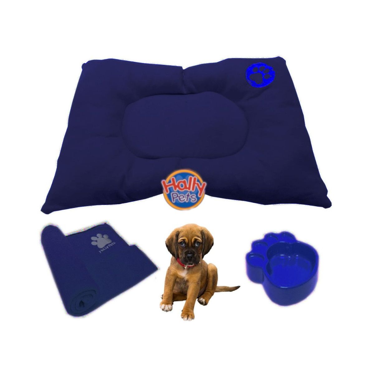 HALLY PET - Colchon Pequeño Huella Bordada mas cobija Mediana Azul Oscuro