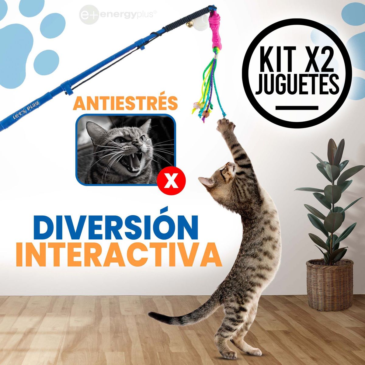 ENERGY PLUS - 2 cañas de pescar juego para gatos con Señuelo, lazo