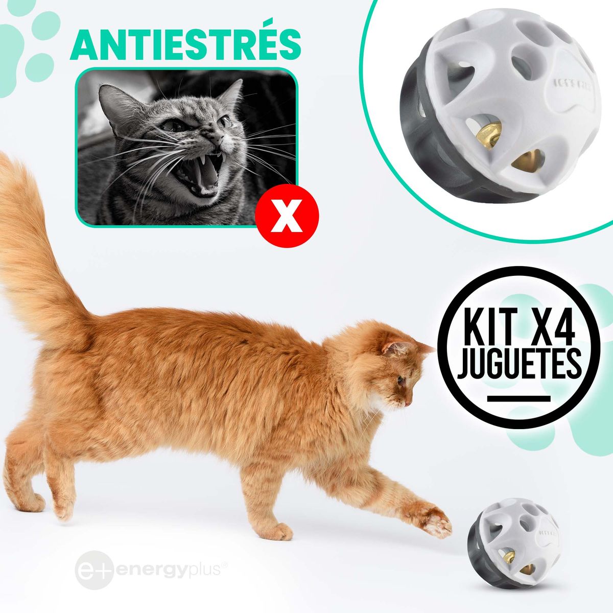 ENERGY PLUS - KIT X4 Pelotas para gatos con cascabel Juguete suave