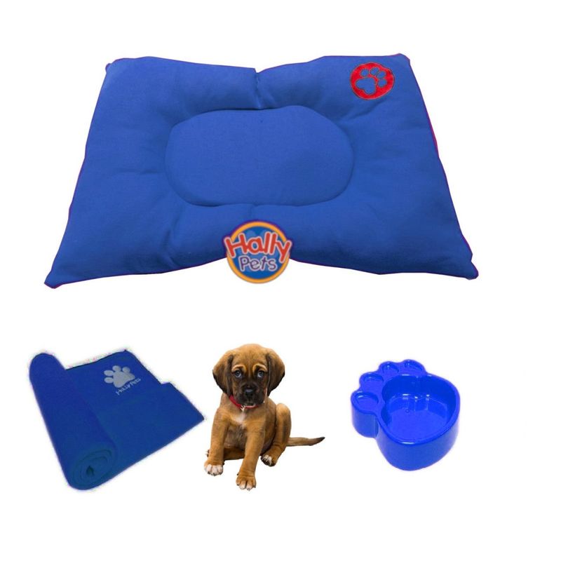 HALLY PET - Colchon Pequeño Huella Bordada mas cobija Mediana Azul Claro