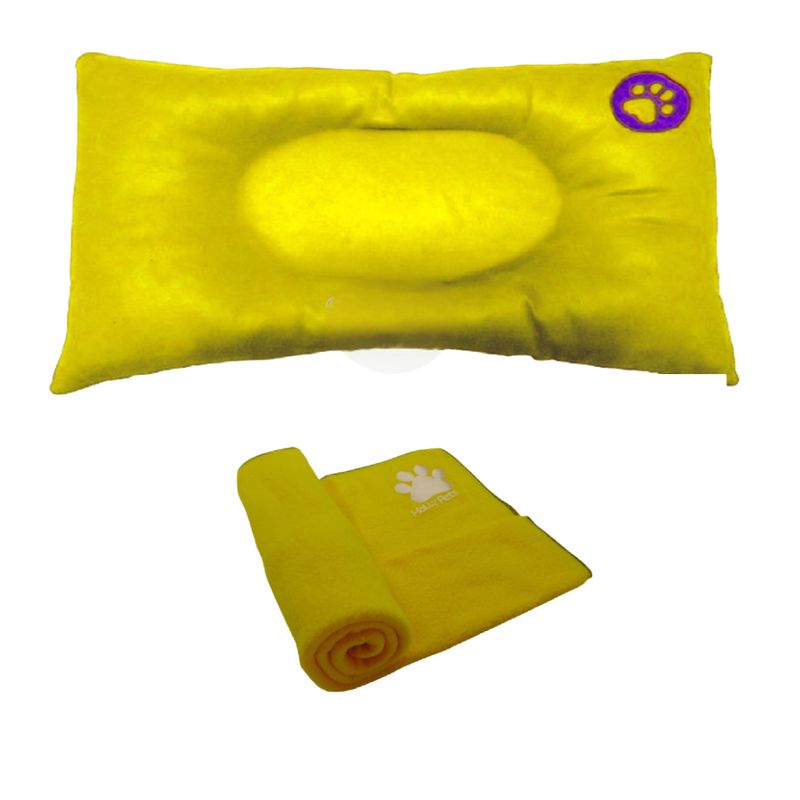 HALLY PET - Colchon Pequeño Huella Bordada mas cobija Mediana Amarillo