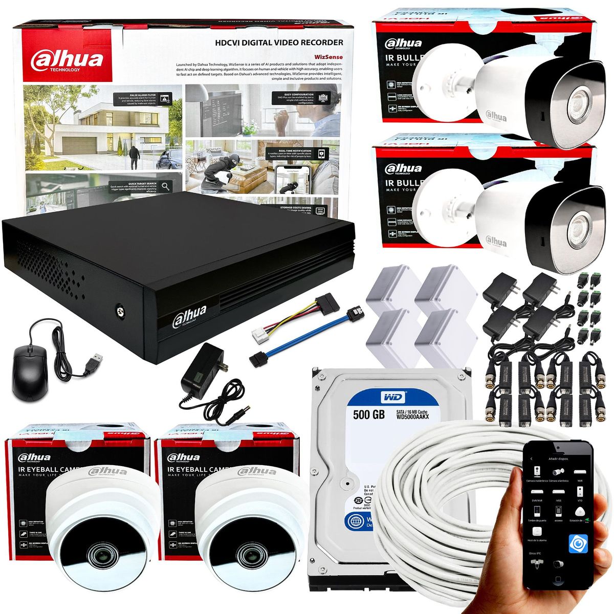 DAHUA - KIT CCTV DAHUA 1080P DVR 8CH + 4 CÁMARAS DE SEGURIDAD 2MP + DISCO 500GB