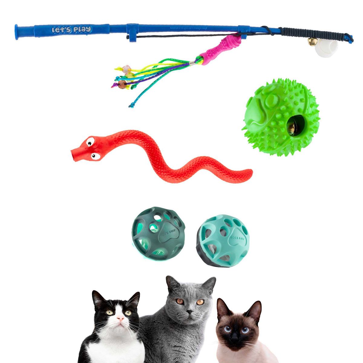 ENERGY PLUS - Kit 4 Juguetes para Gatos: Caña, Pelotas y Dispensador