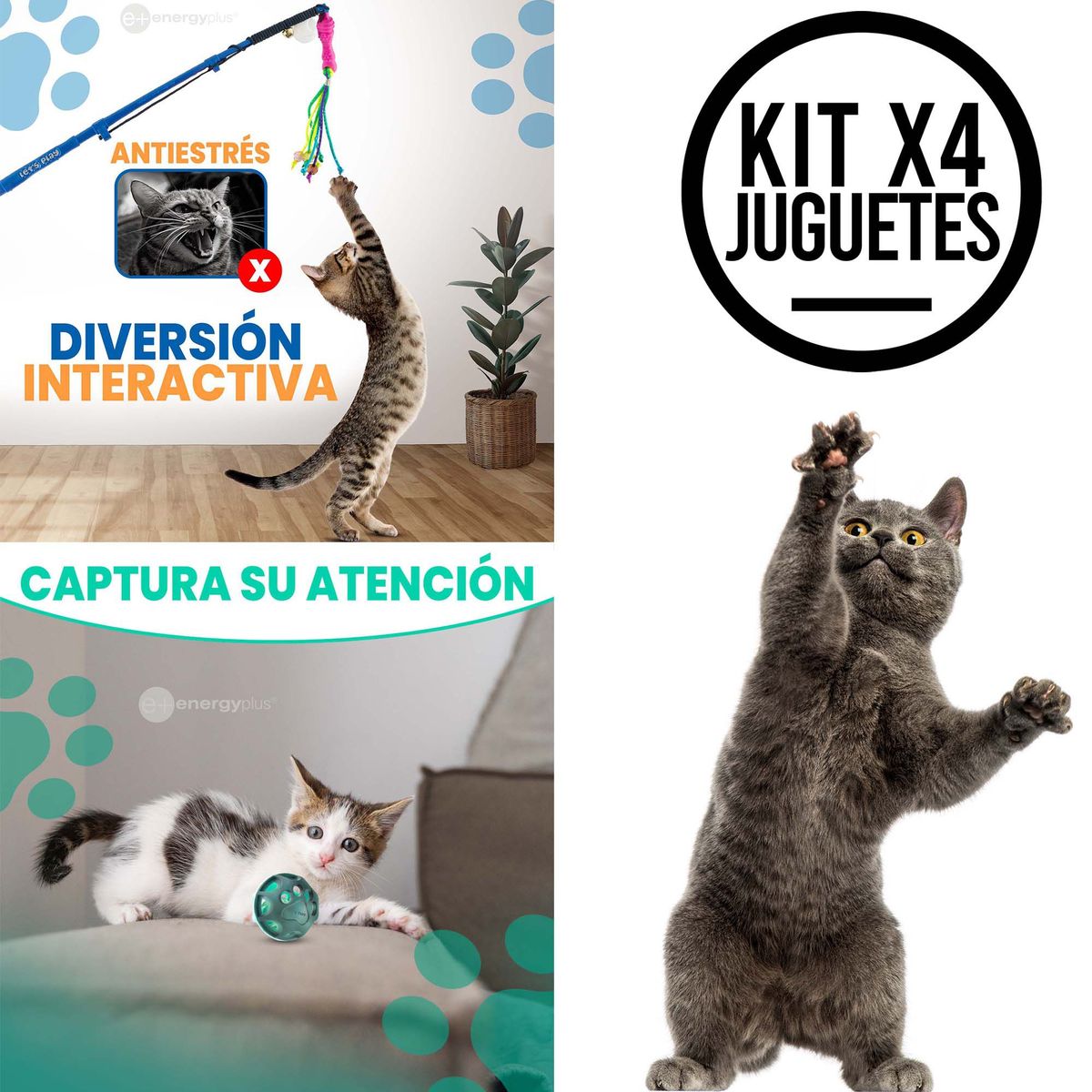 ENERGY PLUS - Kit 4 Juguetes para Gatos: Caña, Pelotas y Dispensador