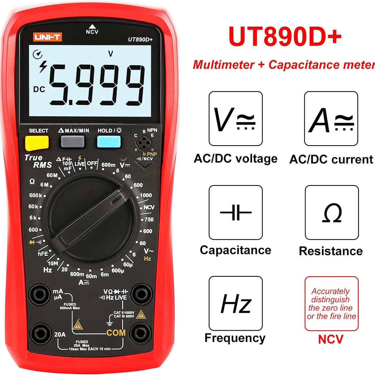 UNITE - Multímetro Digital True RMS Uni-t Ut890D+ 1000v Diodos