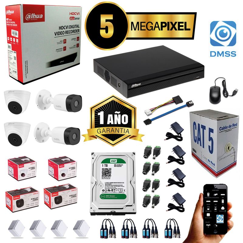 DAHUA - KIT CCTV DAHUA 5MP DVR 8CH + 4 CÁMARAS DE SEGURIDAD 5MP+ DISCO 1 TB