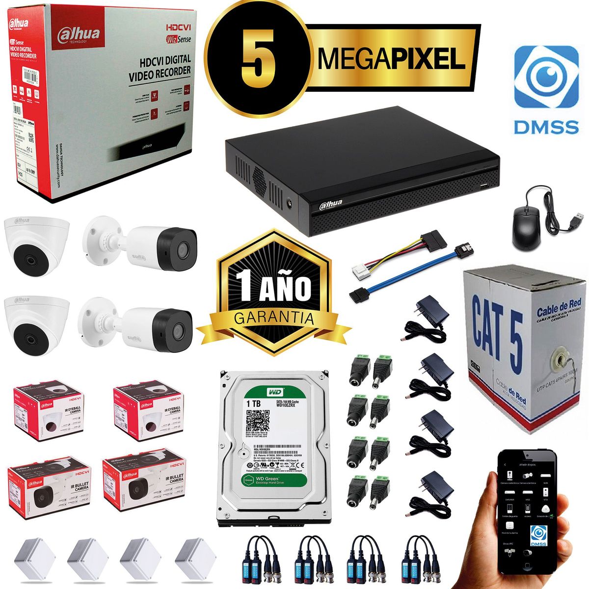 DAHUA - KIT CCTV DAHUA 5MP DVR 4CH + 4 CÁMARAS DE SEGURIDAD 5MP + DISCO 1TB