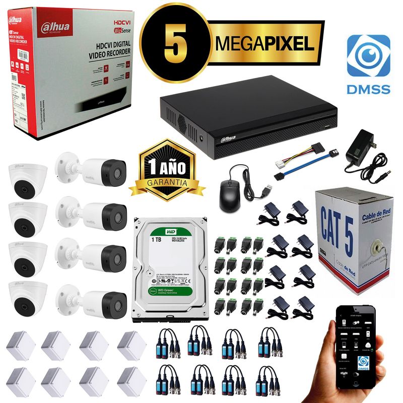 DAHUA - KIT CCTV DAHUA 5MP DVR 8CH + 8 CÁMARAS DE SEGURIDAD 5MP + DISCO 1TB