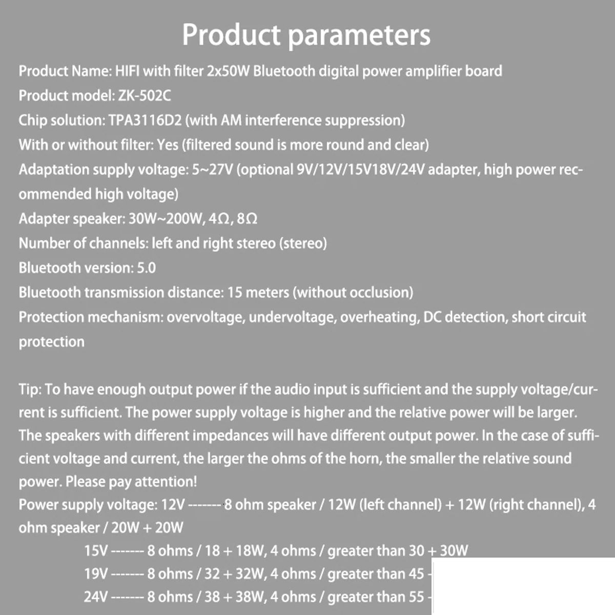 GENERICO - Amplificador Audio Estereo Bluetooth 5.0 ZK-502C HIFI TPA3116 2X50W