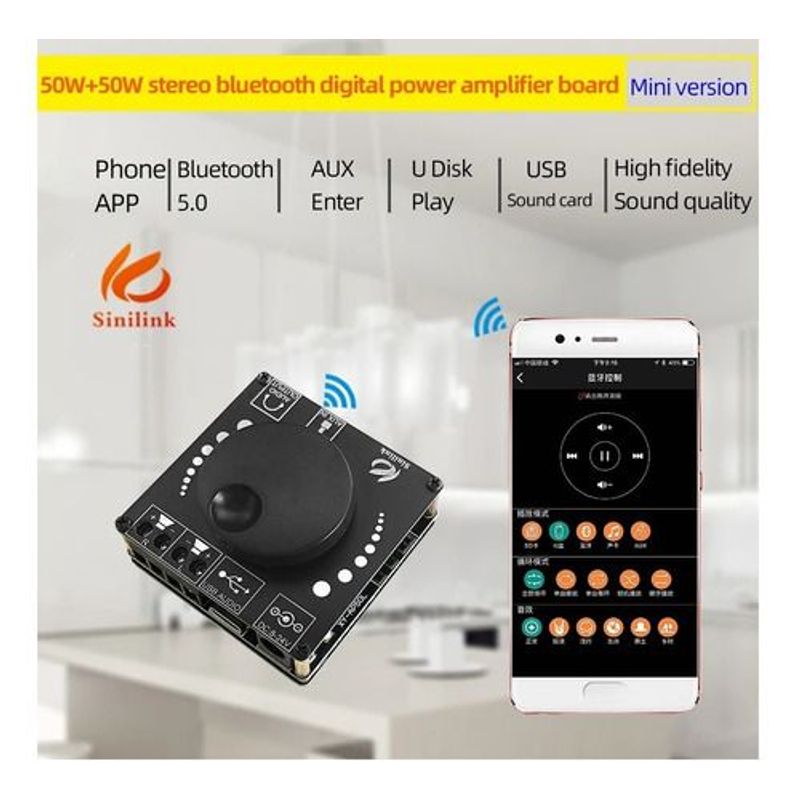 GENERICO - Kit Amplificador Audio Bluetooth 5.0 XY-AP50L 2X50W 5-24V Usb App