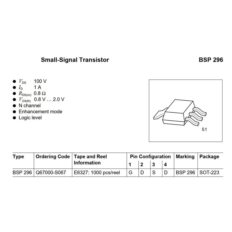 GENERICO - Transistor Mosfet Pequeña Señal Bsp296 Smd SOT-223 100V 1A