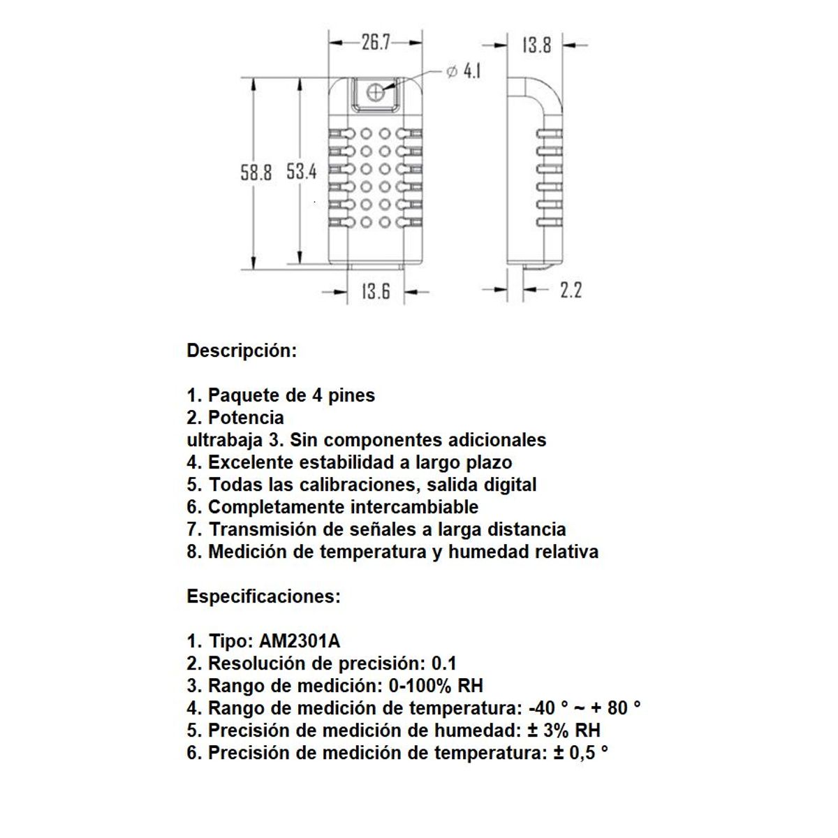GENERICO - Sensor Temperatura Humedad DHT21 AM2301A 3-5V 80C