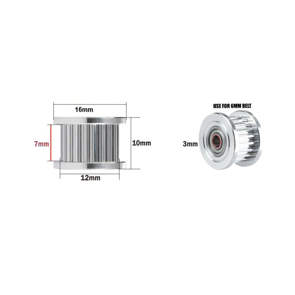 GENERICO - Polea Tensionadora GT2 20 Dientes OD16mm Eje 3mm Para Correa 6mm